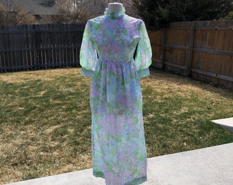 1960's Sheer Flocked Floral Maxi Dress Ladies