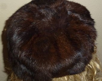 Vintage 60s 1960s Brown Mink Pill Box Hat Beret