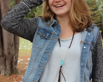 Pearl, turquoise, and leather necklace