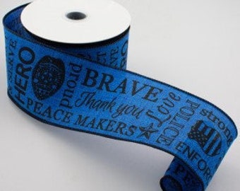 2.5" wide 5 yards of Special Black and Royal Blue Police Support Enforcer themed Wired Edge Canvas style Ribbon.