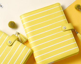 DOKIBOOK White Stripes A5 A6 Faux Leather Organizer Planner Notebook Binder PU Yellow