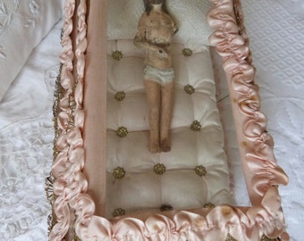 Antique French religious statue Jesus Christ of terracotta in glass casket tomb w silk gold trim 1800 RARE devotional christian church decor