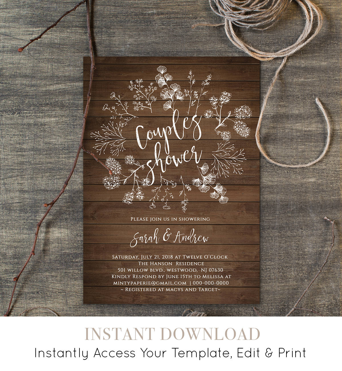 Couples Shower Invitation Template, Wedding Shower Printable, DIY Rustic Wood Wreath Bridal