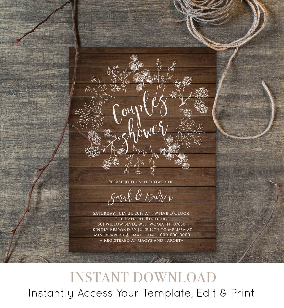 Couples Shower Invitation Template, Wedding Shower Printable, DIY