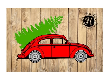 Volkswagen with Christmas tree SVG DFX Christmas svg, Red Truck svg, Christmas tree svg