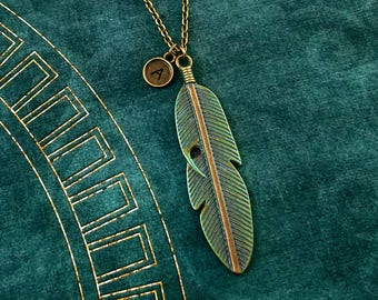Feather Necklace Bird Feather Jewelry Bird Jewelry Bird Necklace Patina Feather Charm Patina Necklace Personalized Necklace Initial Necklace