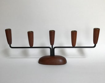 Mid Century Danish Teak Candle Holder with Black Metal