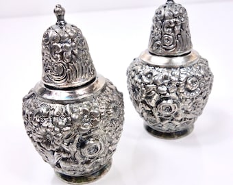 Vintage Pair of Weidlich Bros Mfg Co Silver Plated Repousse Floral Salt and Pepper Shakers | Estate Item