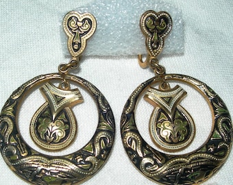 Damascene earrings, vintage, black and gold, hand made