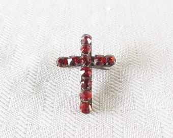 1930s Vintage Cross Brooch with Ruby Red Rhinestones