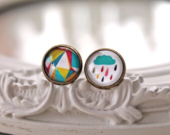 Mismatched rain cloud and geometric pattern clip earrings sweet lolita feminine