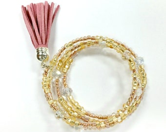 Tassle Bracelet, Gold Beaded Bracelet, Pink Tassle, Beaded Coil Wrap,Wrap Bracelet,Handmade, Custom, Beaded Jewelry