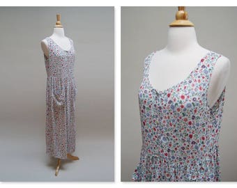 Vintage 90s Floral Grunge Dress 1990s Rayon Gauze Maxi Dress Boho Slouchy Ditzy Floral Dress