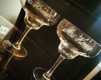Margarita Glasses: Hand Engraved Personalized Mr. and Mrs. Margarita Glasses