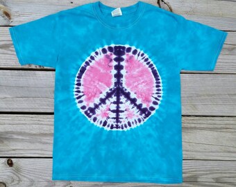 Girls Tie Dye Peace Sign Tshirt, S M L XL, Blue Purple and Pink Tie Dye, Kids Tie Dye, Hippie Kids, Tie Dye Tee
