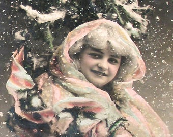 1900s French XMAS Postcard, Edwardian lady in snow. RPPC real photo, paper ephemera.