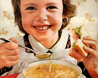 1960s Campbell Chicken Noodle Soup vintage magazine ad a 4 minute meal (LG)