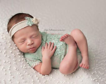 Newborn Photo Outfit, Newborn Romper, Newborn Props, Newborn Photo Prop, Lace, Romper, Photography Props, Baby Girl Clothes, Baby Gift, Mint