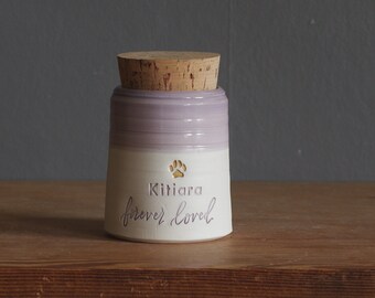 custom pet urn with gold accent. small collar shape. human ashes urn /pet urn. lavender/ porc. modern pottery urn, custom text
