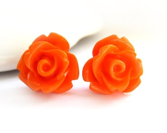 SALE - Orange Rose Stud Earrings