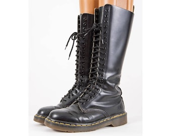 Vintage Doc Marten boots / Made in England / 1990s 20 eye eyelet hole lace up black quillion leather knee high work boots / US 6 UK 4
