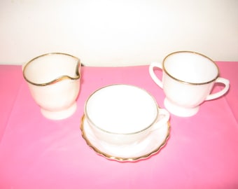 Vintage Milk Glass Tea Set - Vintage Fire King Milk Glass With Gold Border - Fire King Oven Ware