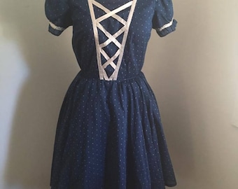 1950s blue polka dot square dance dress SW S 27"
