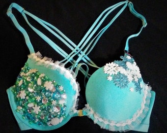 Teal Mermaid Embellished Strappy Padded Push Up Bra Size 34B