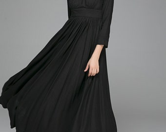 Linen dress, women dress, party dress, black dress, maxi dress, empire waist dress, fit and flare dress, romantic dress, custom made 1394