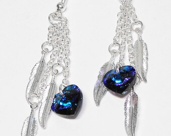 Heart's Flight: Heliotrope Swarovski Crystal Silver Plated Dangle, Hook Earring