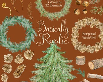 Woodland clipart rustic wreaths pine tree watercolor clipart evergreen pine cone log holiday acorn watercolour clipart Fall Winter Christmas
