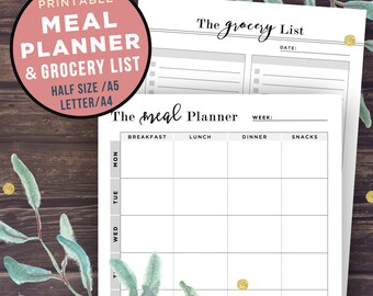 Meal Planner Printable, Weekly Meal Planner, Grocery list, Half Size, Filofax A5, A4 Letter, Menu Planning Notebook, Planner Inserts