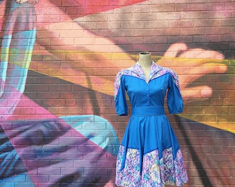 Vintage 1960s Blue Lace Overlayed Full Circle Dress (Size Small/Medium)
