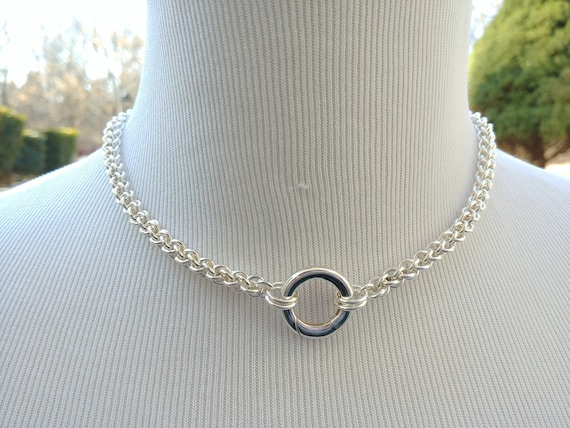 925 Sterling Silver Discreet Day Collar, Chainmaille BDSM Submissive Slave Collar with Non-Locking O Ring Push Gate Clasp, DDLG