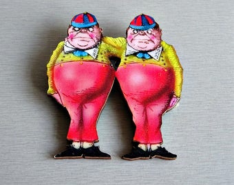 Tweedle Dum and Tweedle Dee Wooden Brooch