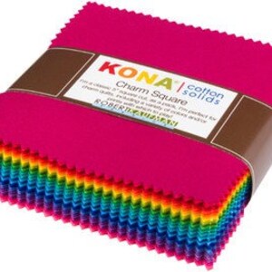 Kona Cotton - 5" Squares "Bright Assortment" by Robert Kaufman -- 101 -5 inch squares. Charm Pack, Solid Kona, solid fabric