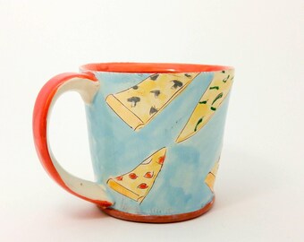 Pizza themed Earthenware mug. Wheel thrown, food safe mug by Kaitlyn Brennan/Brennan pottery. This is a big handmade mug perfect for coffee
