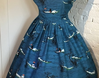 Original 1950s Novelty Print Cotton Dress, Traditional Japanese Fishing Boats, UK14