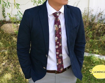 Floral Tie, Red Vintage Floral Tie, Burgundy Floral Tie, Narrow Necktie, Wedding Floral Tie, Wedding