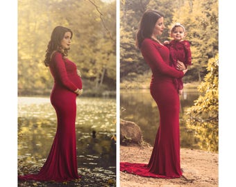 Fitted Maternity Gown-Long Maternity Dress-Fitted Maternity Gown with Straight Neckline-Maxi Gown-Long Sleeves Maternity Dress-ANNABELLA
