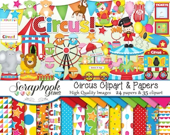 CIRCUS Clipart and Papers Kit, 35 png Clip Arts, 24 jpeg Papers Instant Download clown elephant seal games birthday party balloon amusement