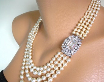 4 Strand Pearl Necklace, Vintage Pearl Choker, Art Deco, Gatsby, Wedding Jewelry, Vintage Bridal, Pearl And Rhinestone Collar, Cream Pearls