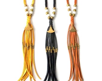 Leather Tassel Necklace Tribal Necklace w/ Brass Pendant - Boho Jewelry Tribal Jewelry Gypsy Jewelry Bohemian - Long Leather Fringe Necklace