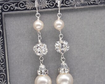 Long Pearl and Rhinestone Dangle Earrings, Bridal Wedding Jewelry, Ivory Pearl Drop Earrings, Swarovski Pearl Jewelry