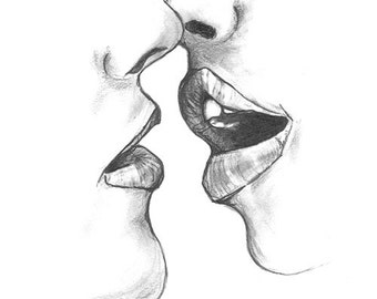 Kiss drawing print. The Kiss. Digital print from original hand drawn illustration