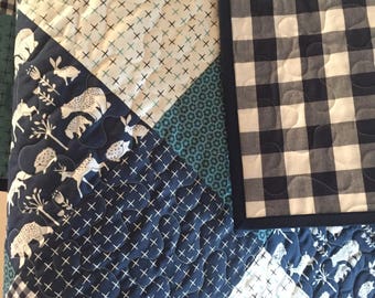 Baby Boy Quilt, Woodland, Navy Teal Cream White, Nursery Crib Bedding, Gingham Plaid, Bear, Deer, Bunny, Fox, Animal, Little Me Unique
