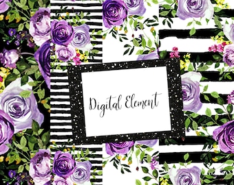 Digital Mini Paper Set, Purple Floral Paper, Black Stripes, Lavender Rose Paper, Rose Wallpaper, Digital Backdrop. No. PM100