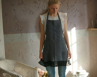 Linen full apron with pockets, washed linen with lace details