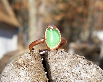 Green Beach Glass and Electroformed Copper Ring Size 6