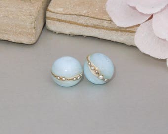 Handmade Lampwork Glass Round Bead Pair SRA DIY-Bastets Beads- Silver Sky